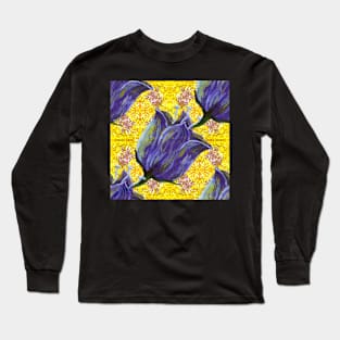 purple tulip on yellow with swirls and dots pattern Long Sleeve T-Shirt